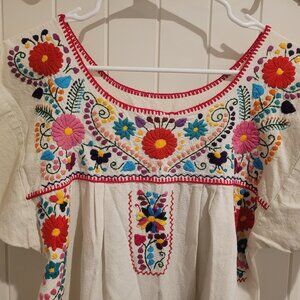 Mexican Dress Hand Made Embroidered Vintage Womens M-L Peacock Flowers